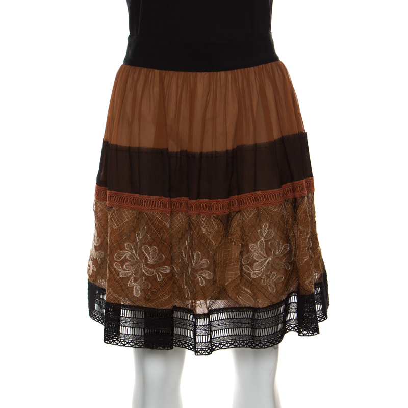Alberta Ferretti Brown Silk Colorblock Lace Panel Detail Gathered Skirt L