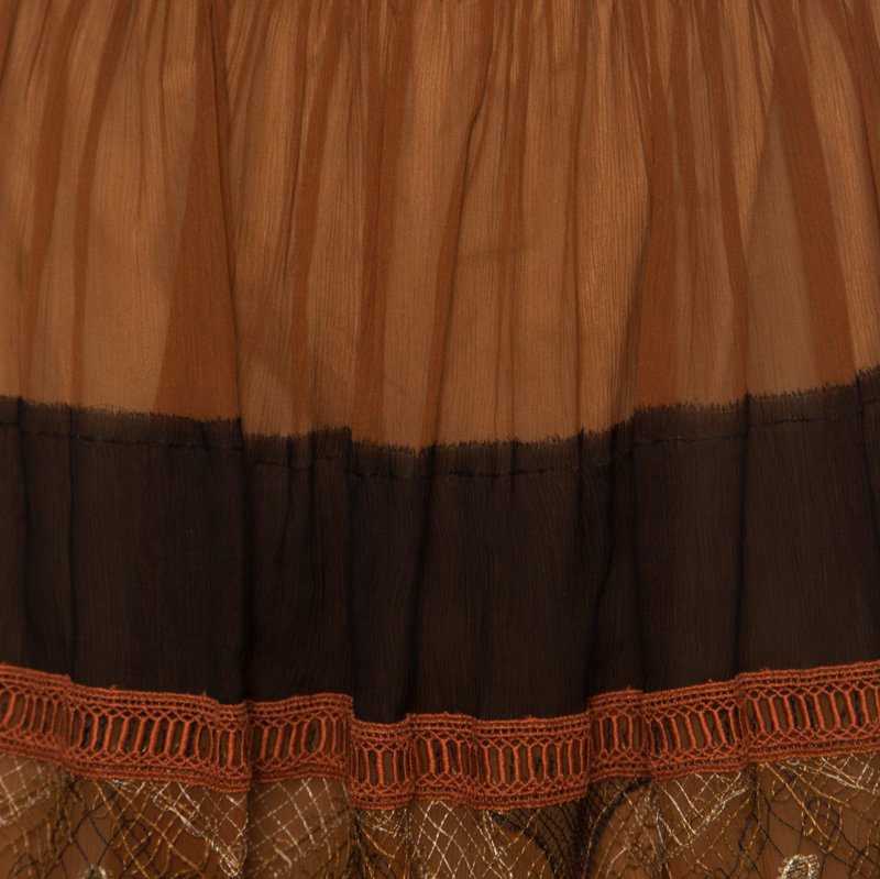 Alberta Ferretti Brown Silk Colorblock Lace Panel Detail Gathered Skirt L
