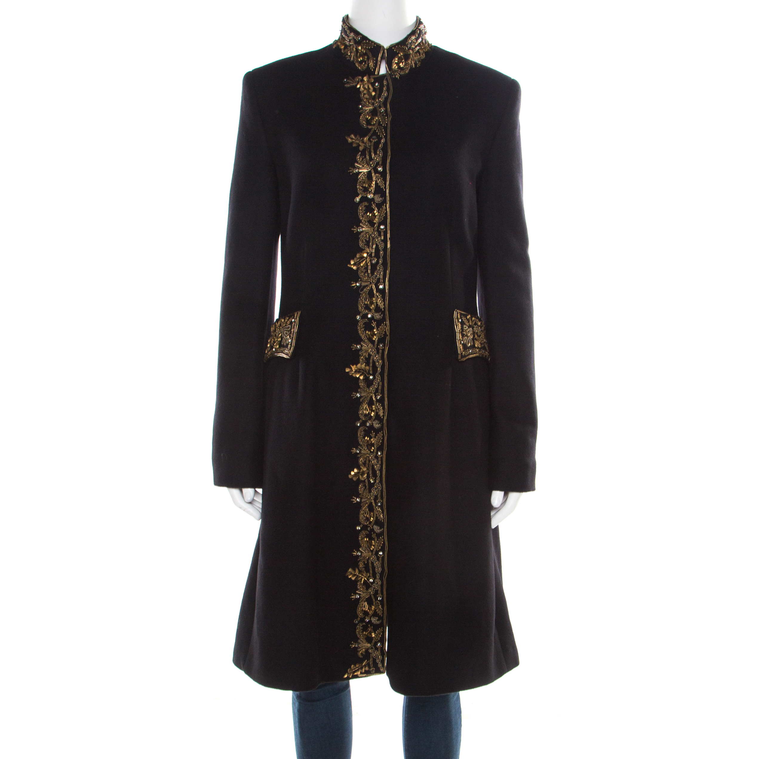Image of Alberta Ferretti Black and Gold Embellished Felted Wool Stand Collar Overcoat M
