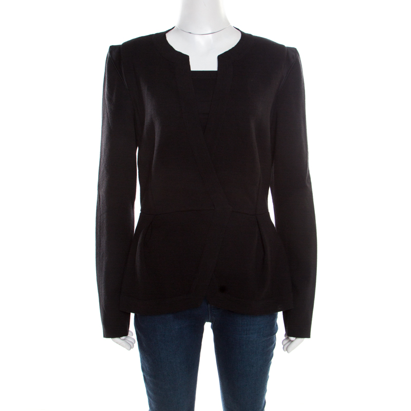 Image of Alberta Ferretti Black Wool Satin Trim Faux Wrap Cardigan L