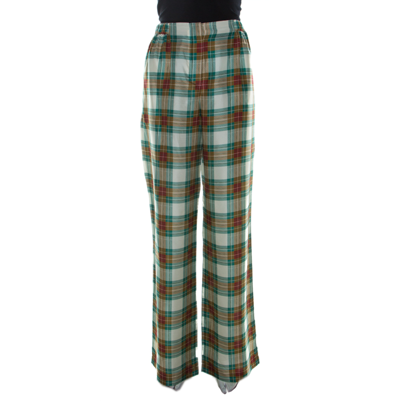 Alberta ferretti multicolor plaid silk high waist trousers m