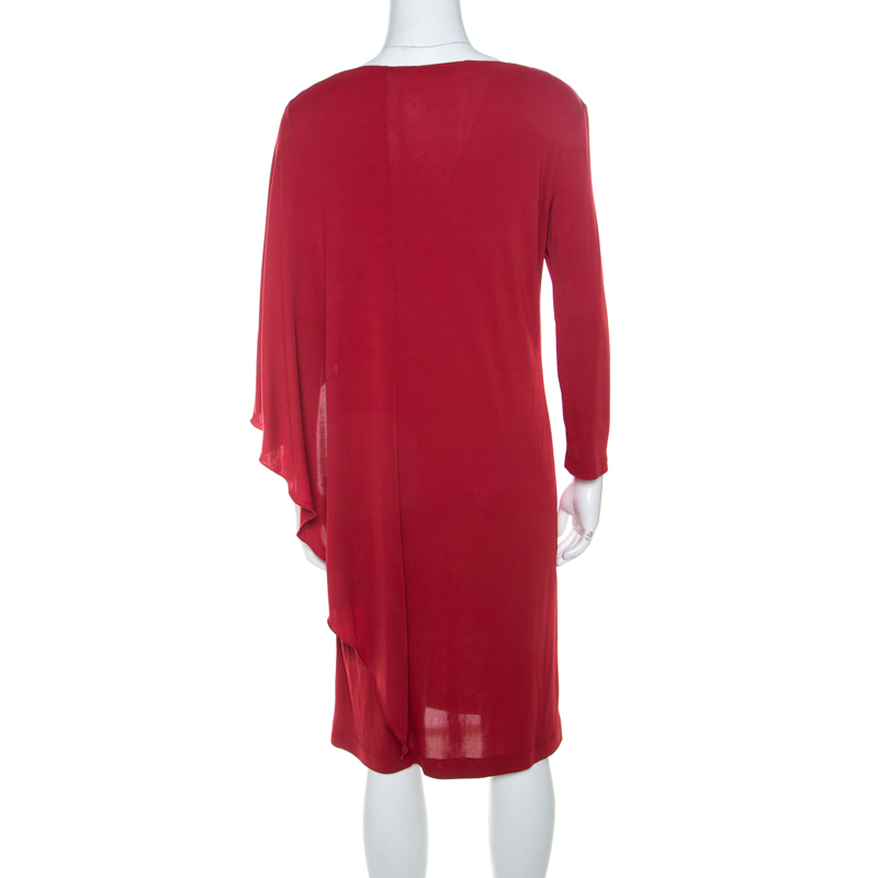 Alberta Ferretti Red Silk Jersey Asymmetric Batwing Sleeve Dress M