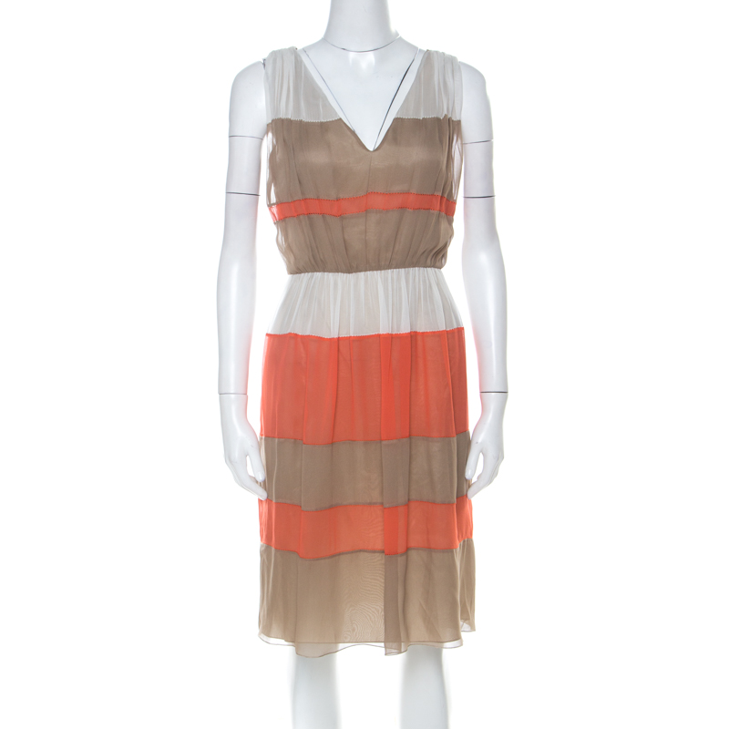 Image of Alberta Ferretti Colorblock Striped Silk Pleated Sleeveless Dress M