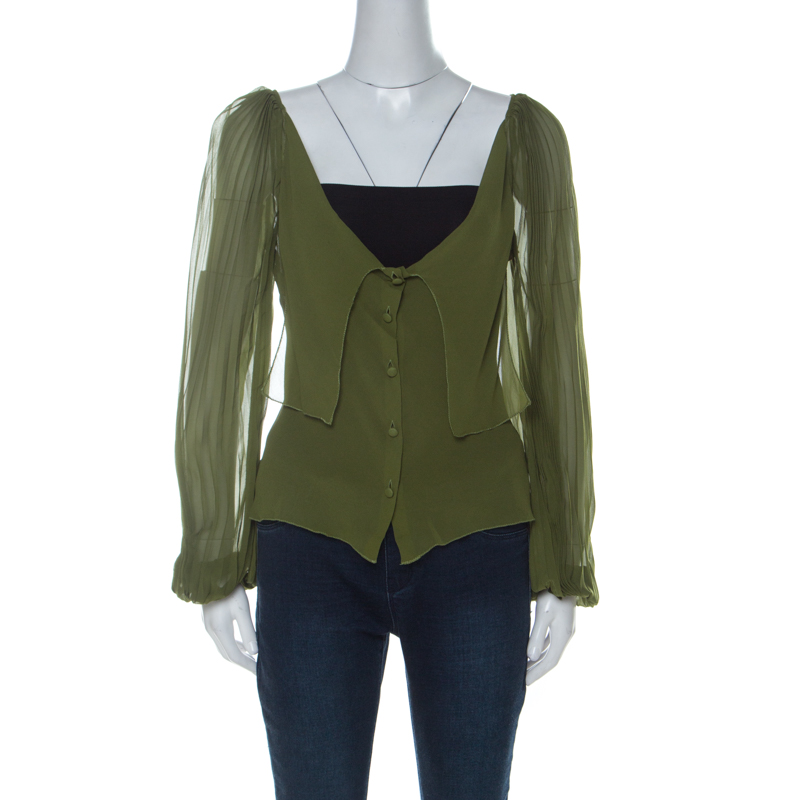 Image of Alberta Ferretti Olive Green Silk Pleated Sleeve Detail Button Front Blouse M