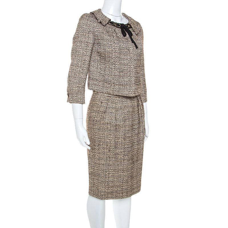 

Alberta Ferretti Brown Tweed Short Blazer and Knee Length Skirt Set