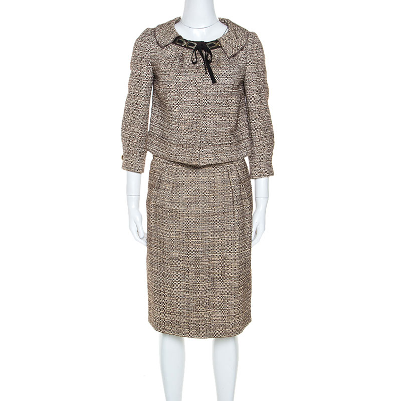 Image of Alberta Ferretti Brown Tweed Short Blazer and Knee Length Skirt Set S