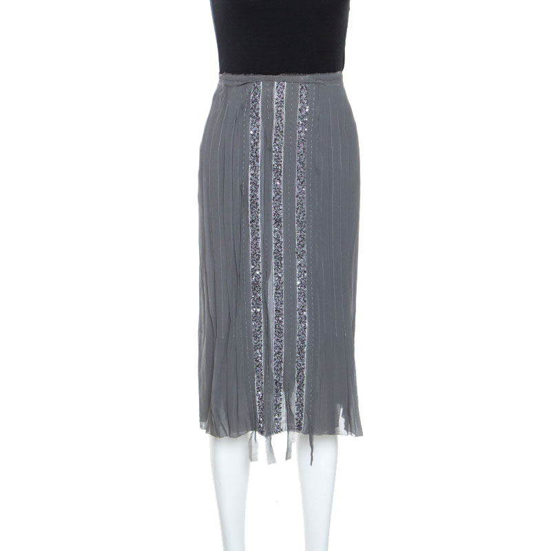 

Alberta Ferretti Grey Silk Sequin Embellished Pleated Midi Skirt