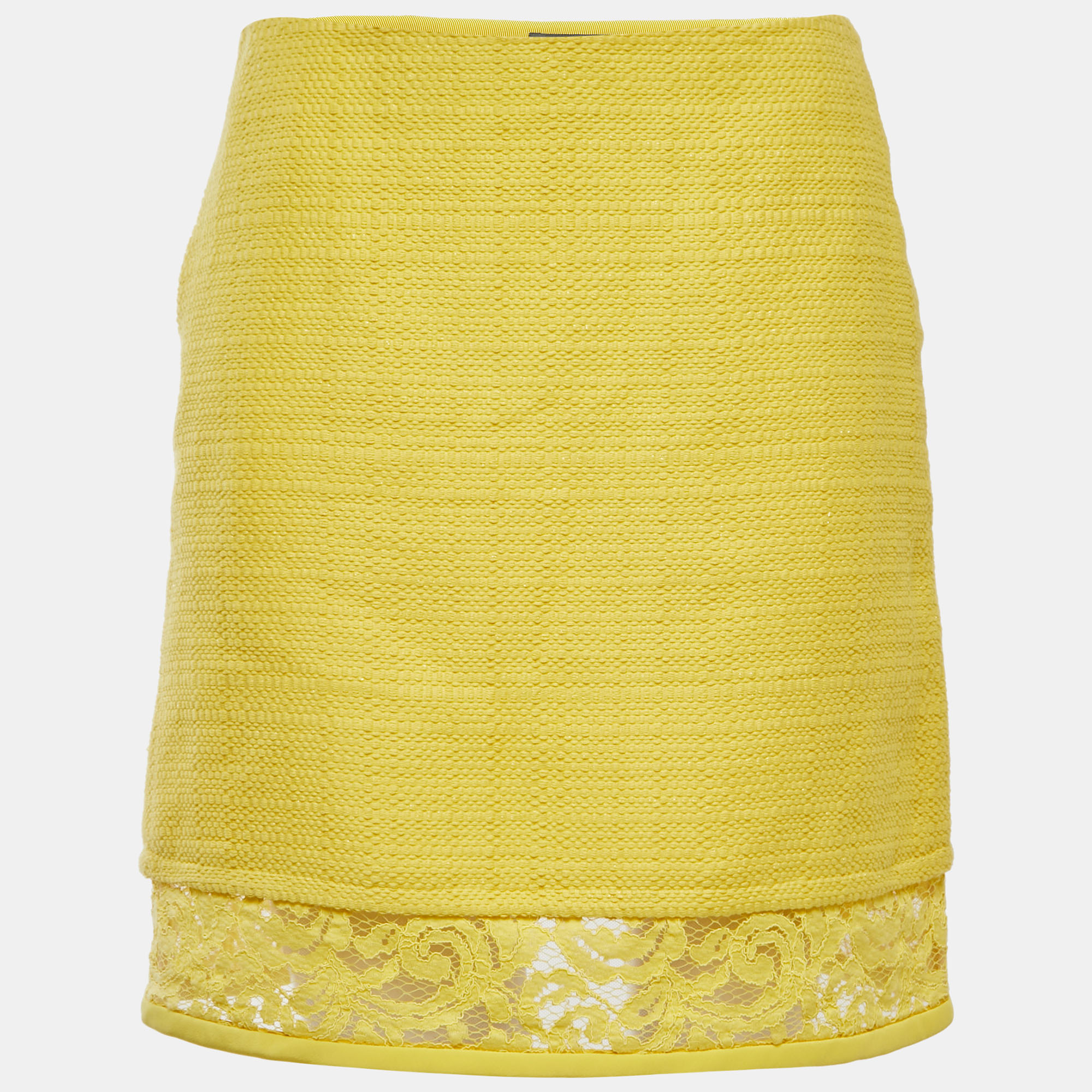 Alberta Ferretti Yellow Patterned Cotton Lace Trimmed Mini Skirt S