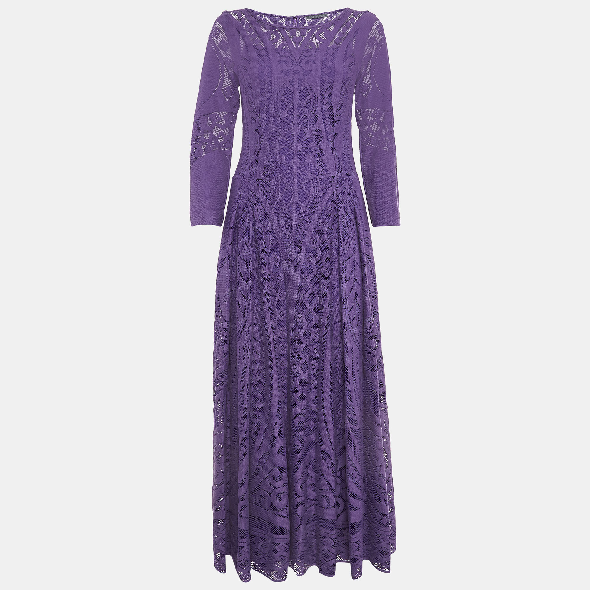 Alberta ferretti purple patterned lace maxi dress s