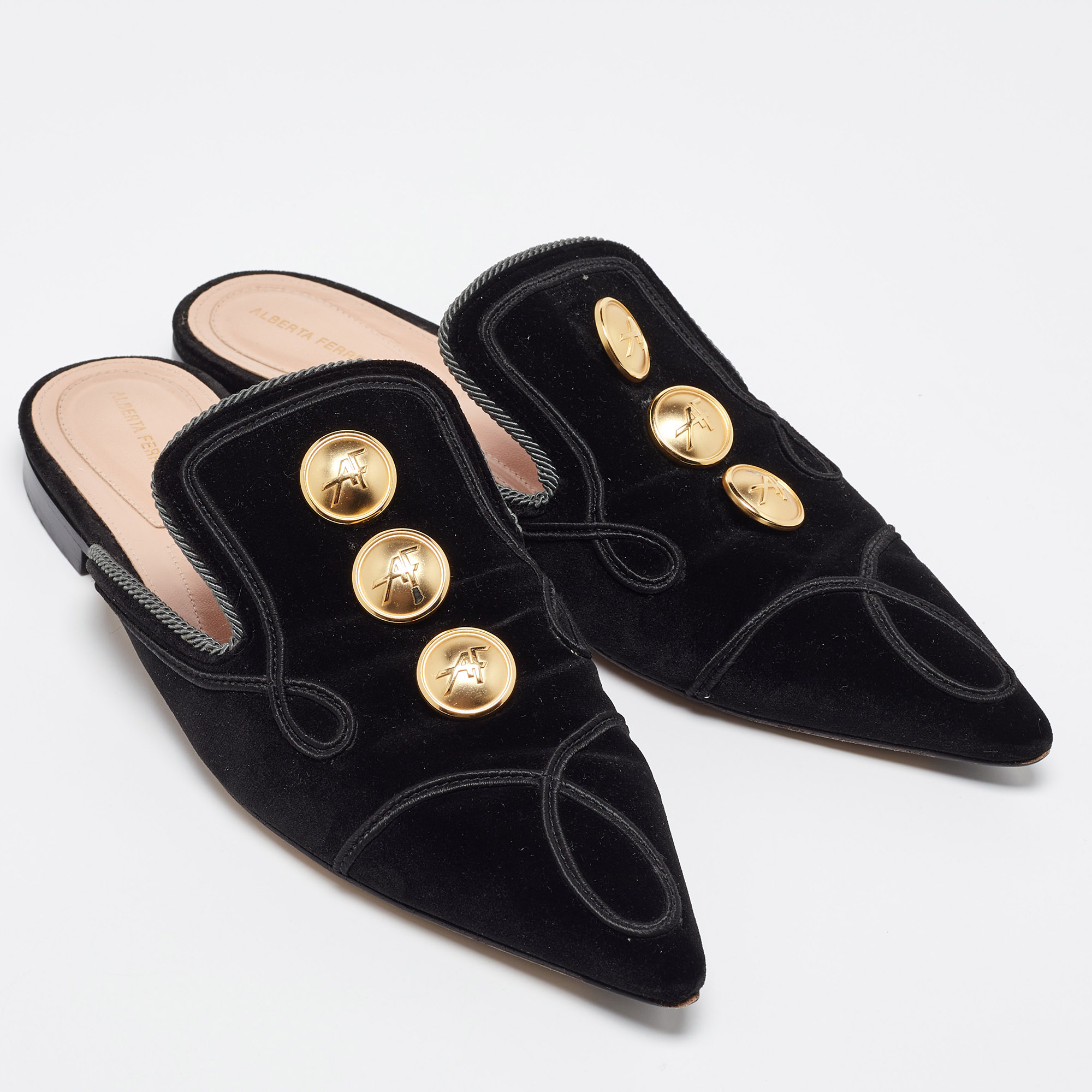 Alberto Fermani Black Velvet Buttons Embellished Flat Mules Size 38