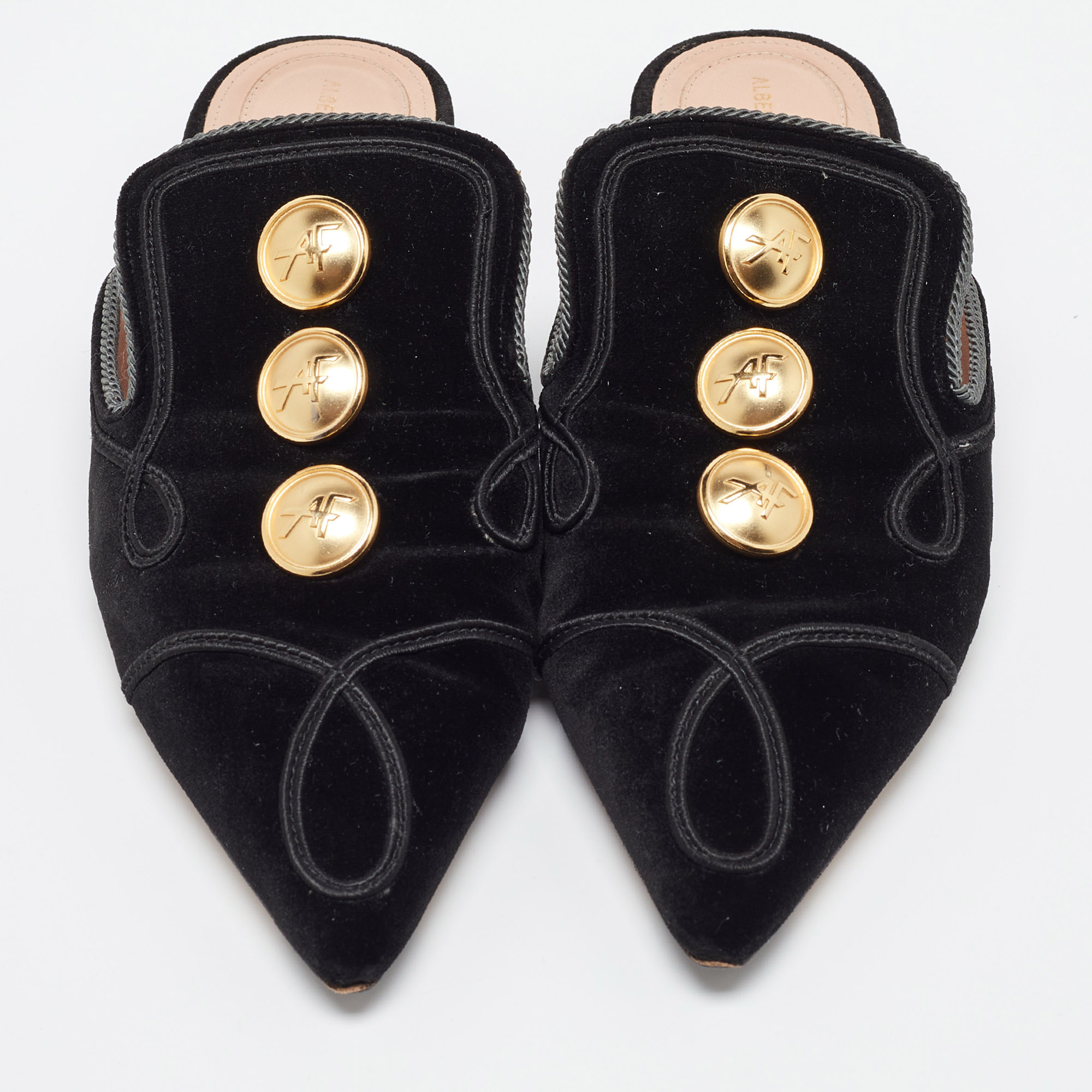 Alberto Fermani Black Velvet Buttons Embellished Flat Mules Size 38