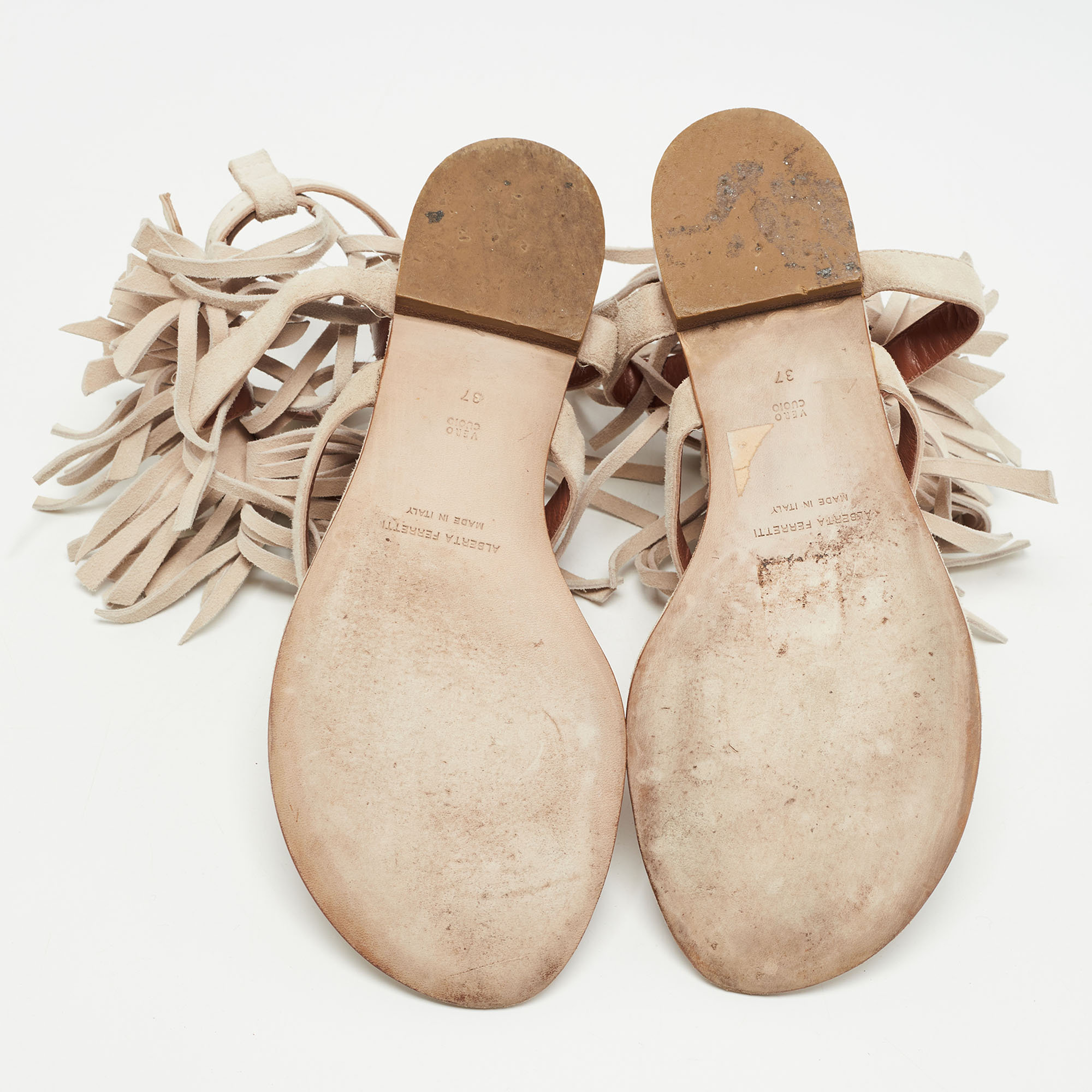 Alberta Ferretti Grey Fringe Detail Ankle Strap Flat Sandals Size 37