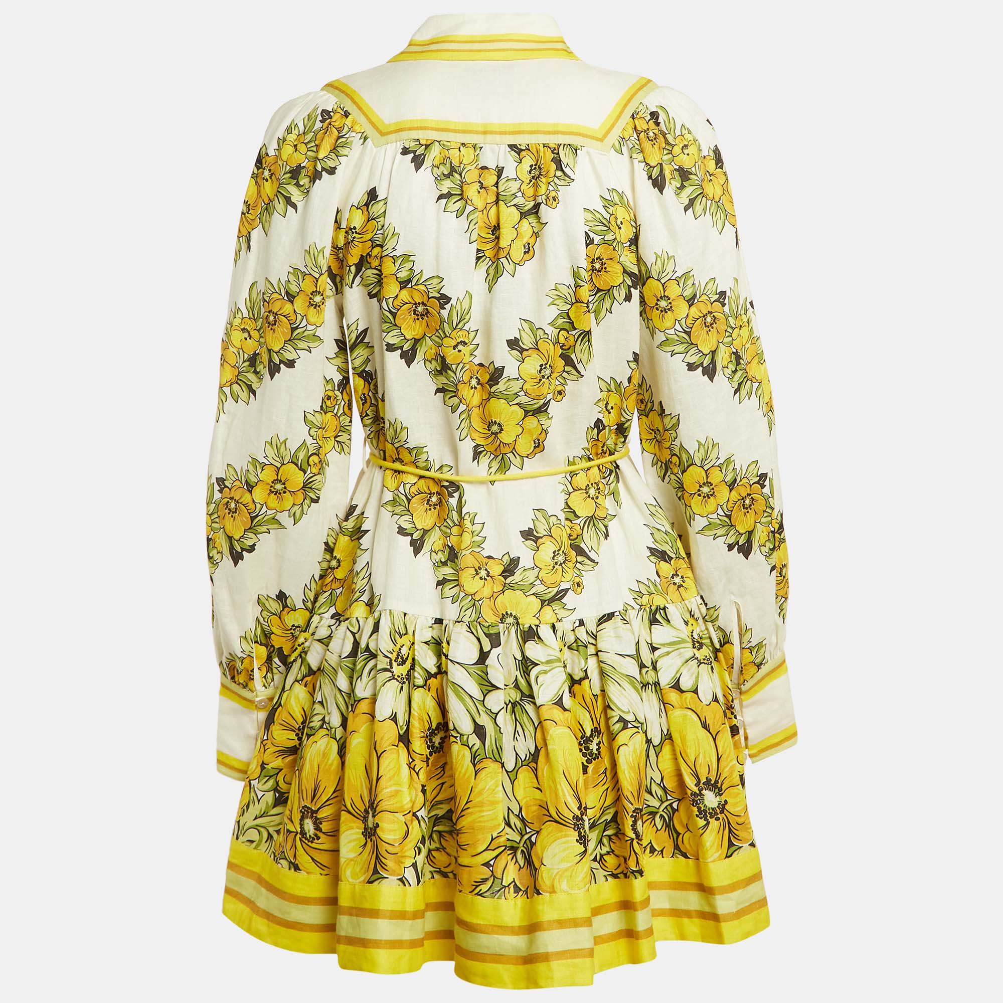 Alemais Yellow Floral Print Linen Gisela Mini Dress S