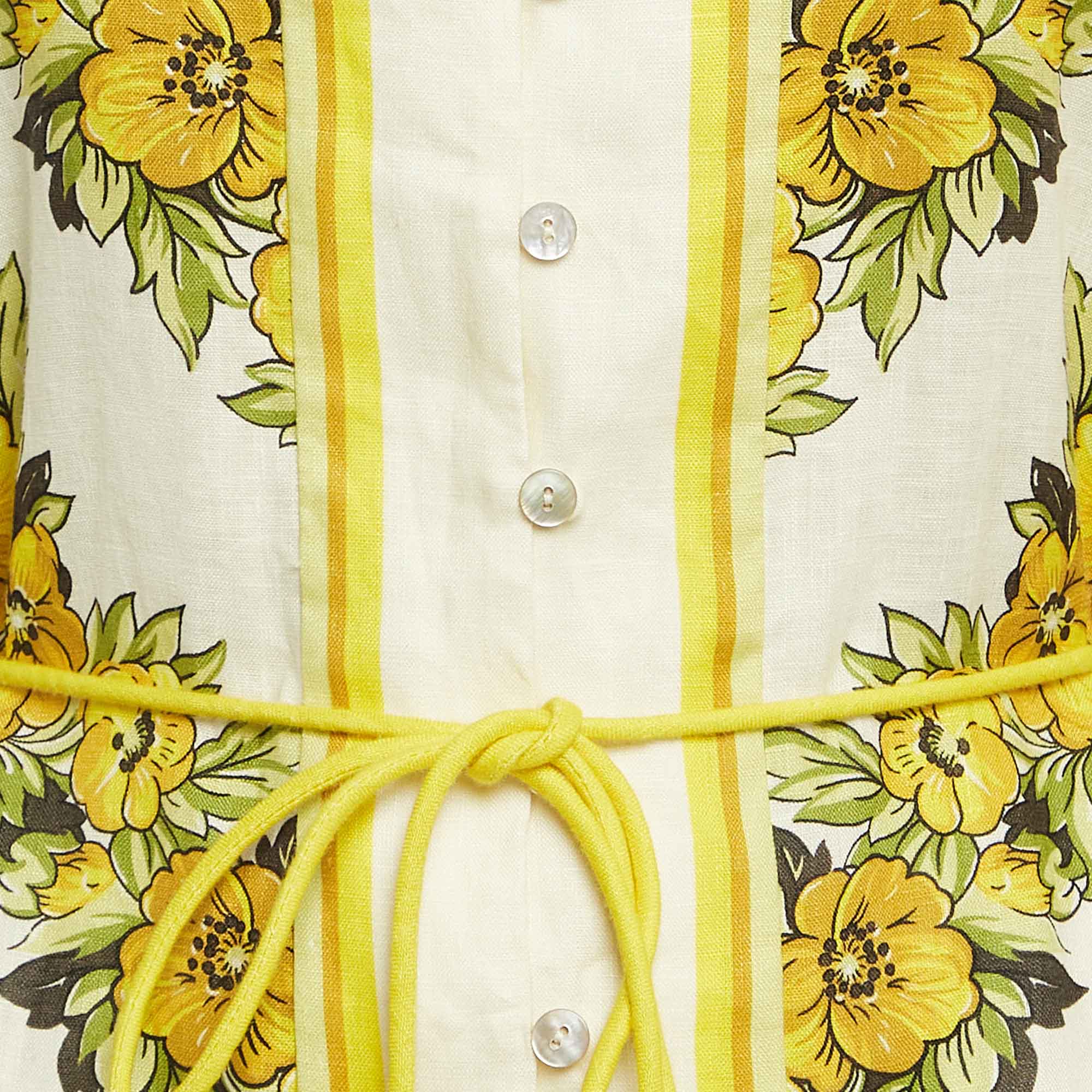 Alemais Yellow Floral Print Linen Gisela Mini Dress S