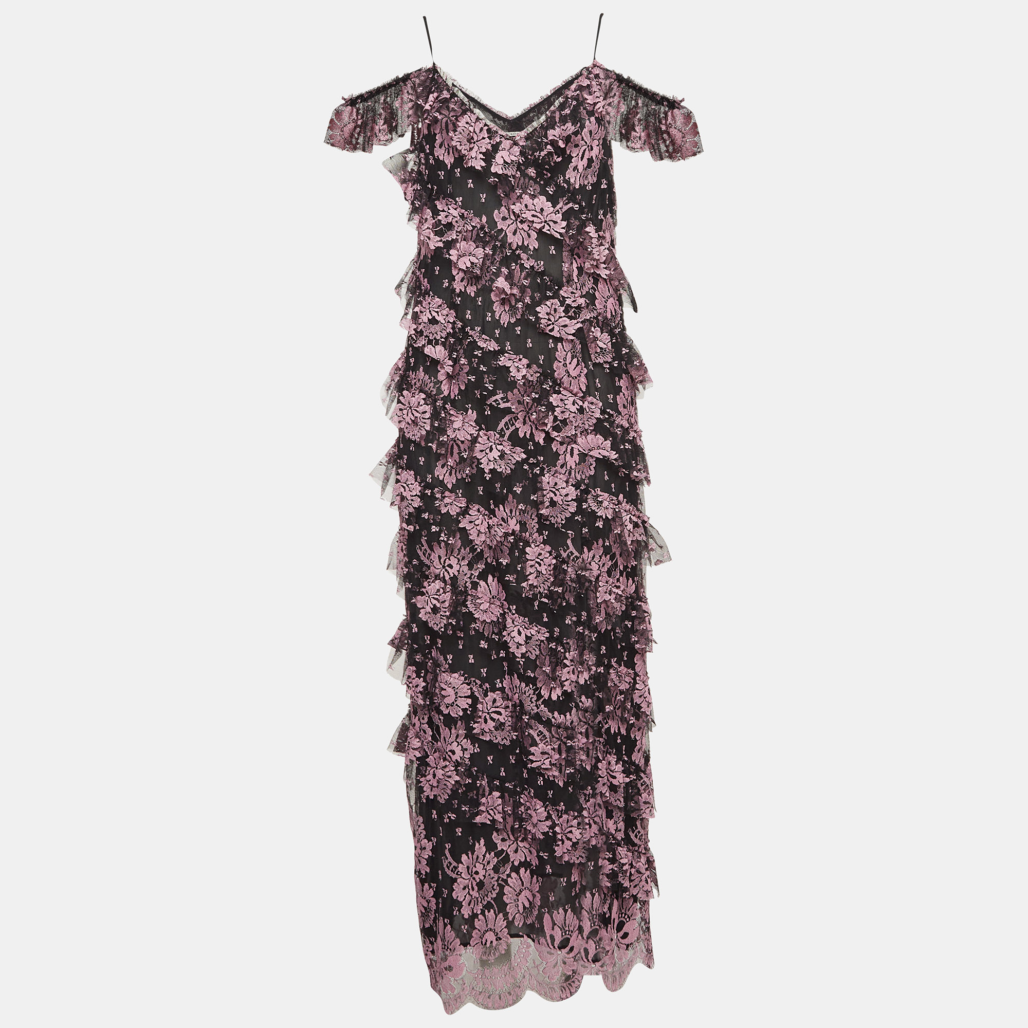 Alessandra Rich Black Floral Lace Ruffled Mid Dress M