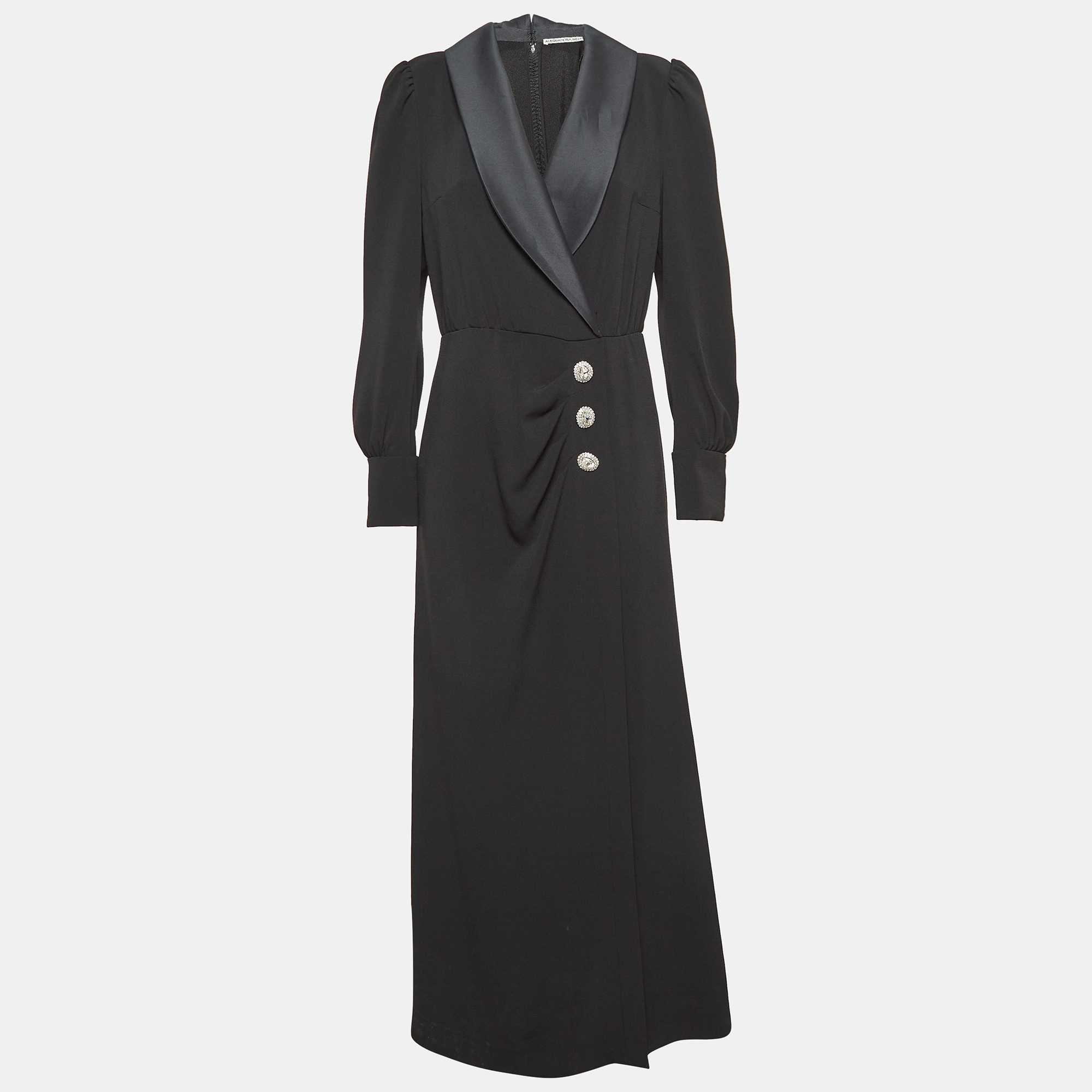 Alessandra Rich Black Satin Trim Crepe Hollywood Crystal Detail Maxi Dress M