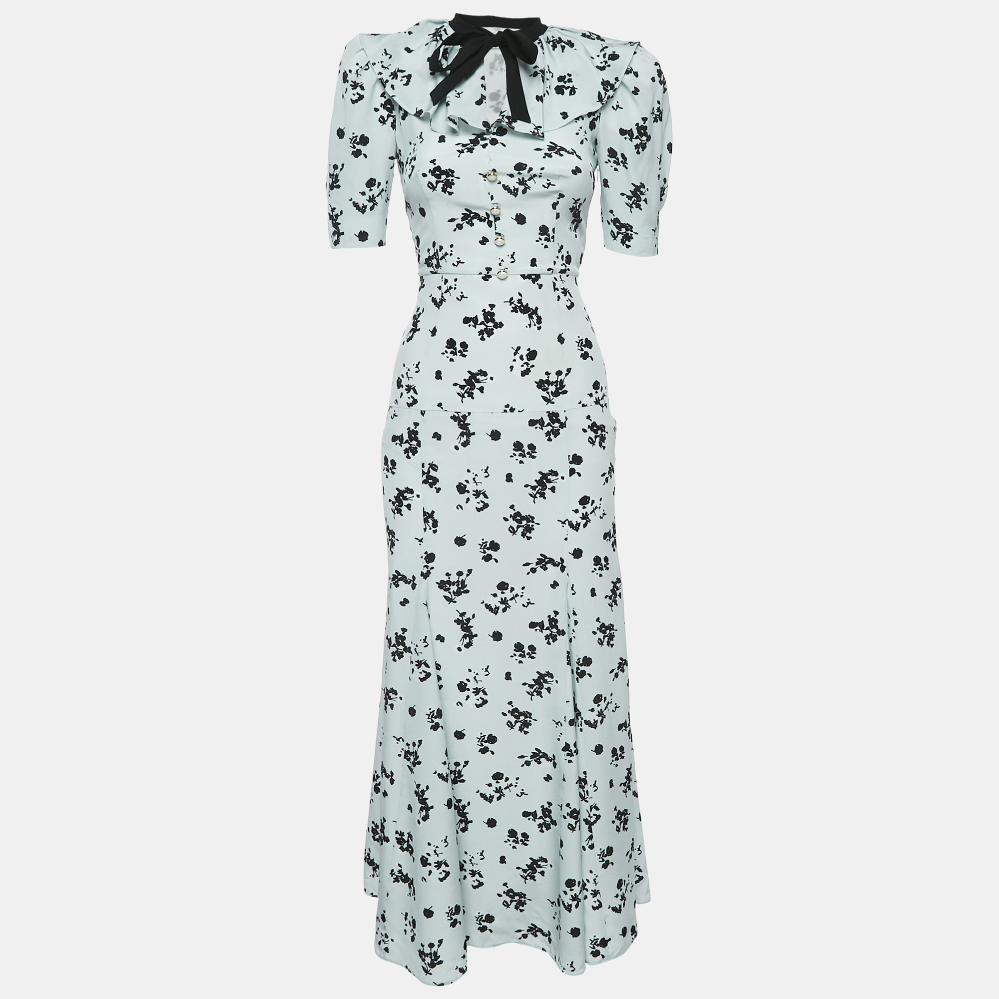 Alessandra Rich Blue Floral Print Silk Ruffled Neck Maxi Dress XS