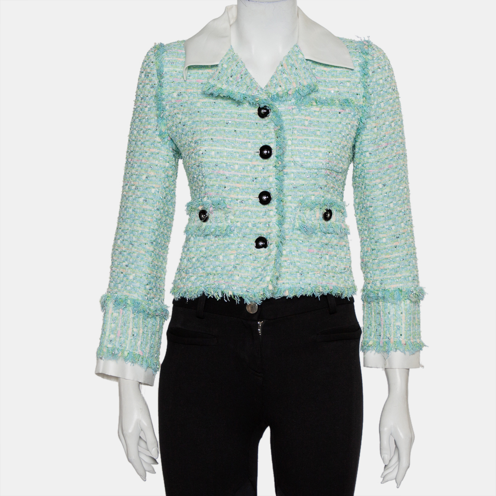 Alessandra Rich Aqua Green Tweed Button Front Cropped Jacket S
