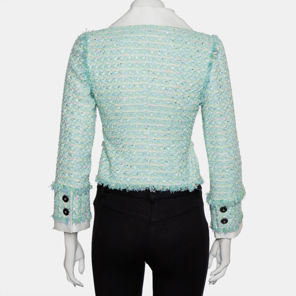 Alessandra Rich Aqua Green Tweed Button Front Cropped Jacket S
