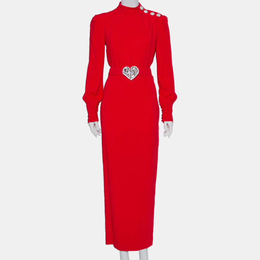 Alessandra Rich Red Crepe Embellished Button Belted Gown M