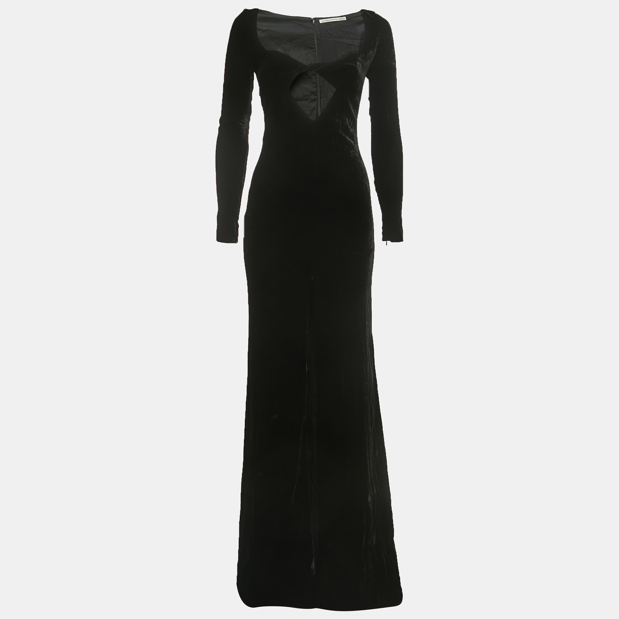 Alessandra rich black velvet cut-out long sleeve slit gown s