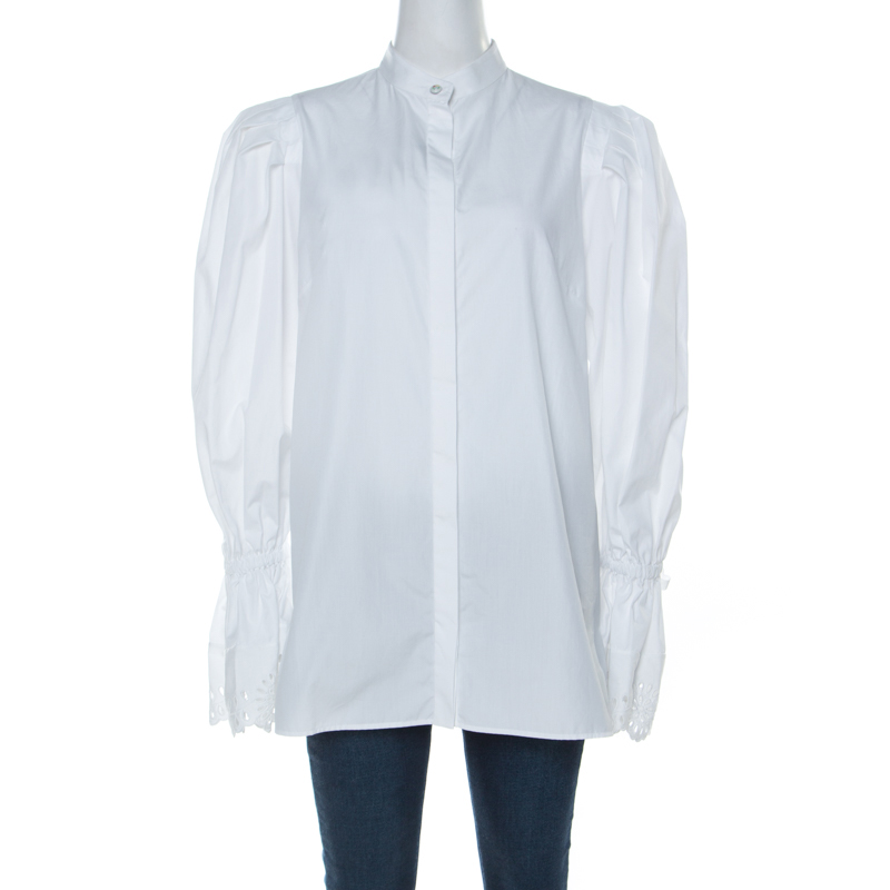 Image of Alexander McQueen White Cotton Broderie Anglaise Cuffed Bell Sleeve Detail Front Button Shirt M