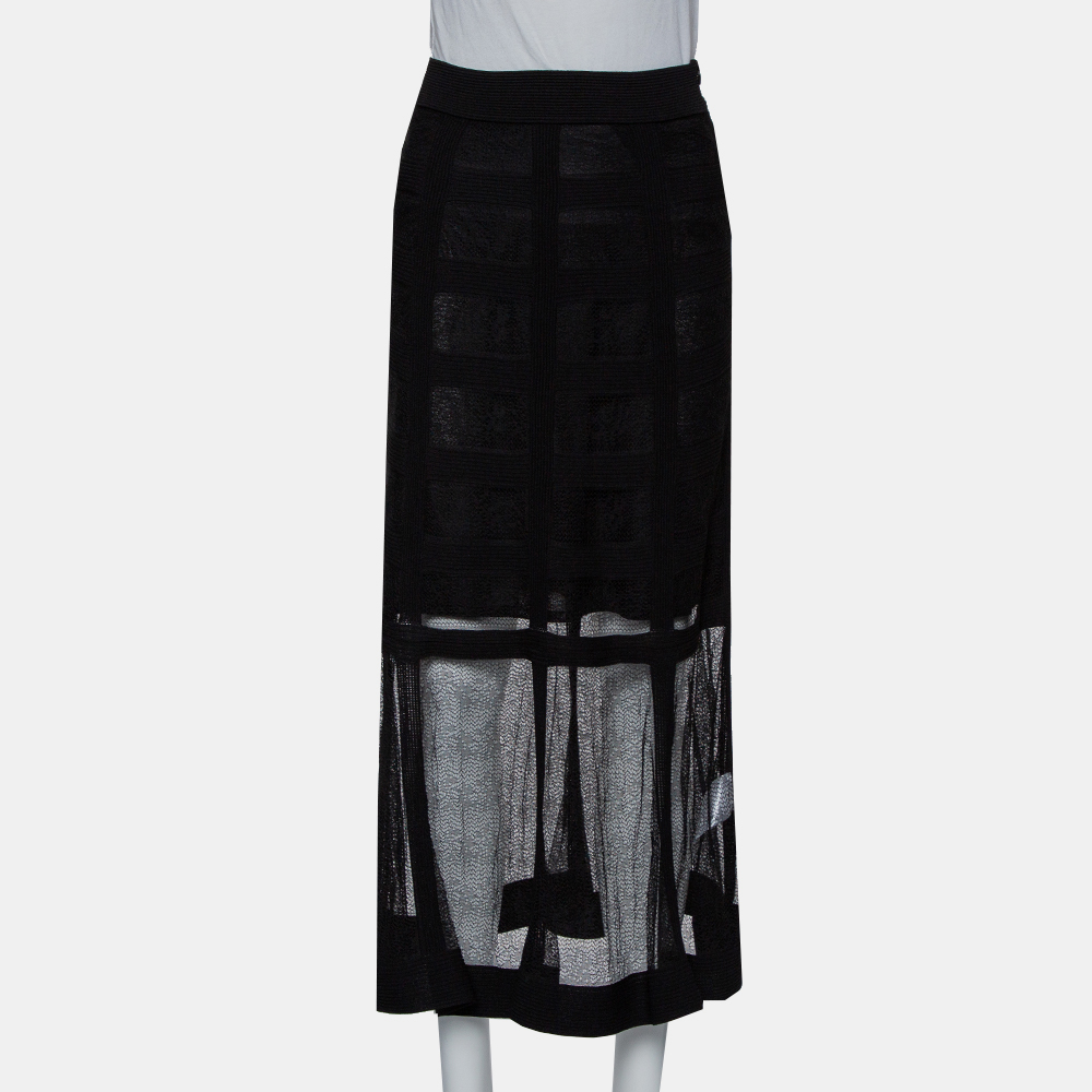 Black Patterned Silk Knit Midi Skirt
