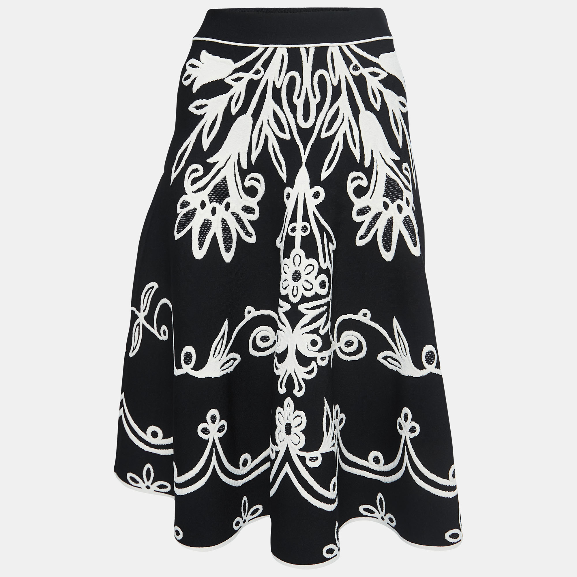 

Alexander McQueen Black/White Floral Jacquard Knit Flared Midi Skirt