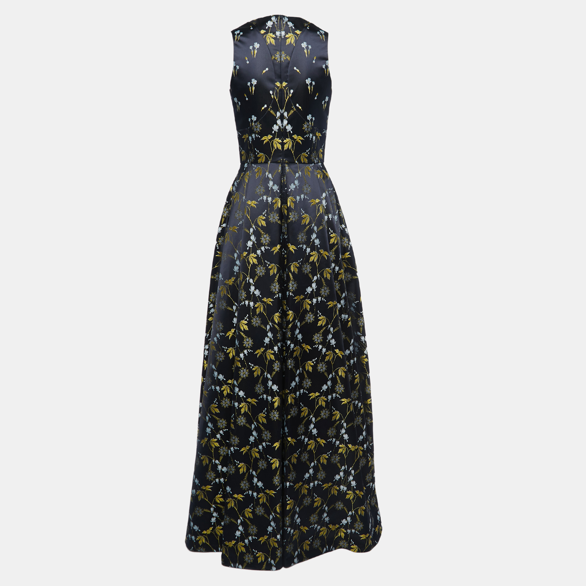 Alexander McQueen Navy Blue Floral Jacquard Sleeveless Gown S