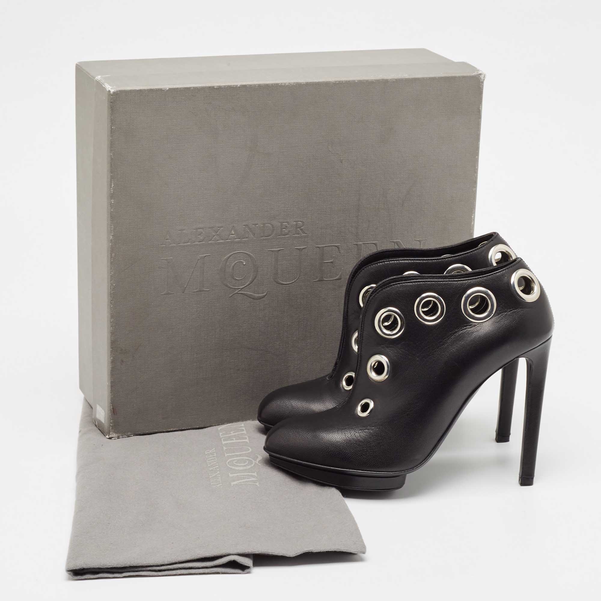 Alexander McQueen Black Leather Eyelet Embellished Ankle Booties Size 36