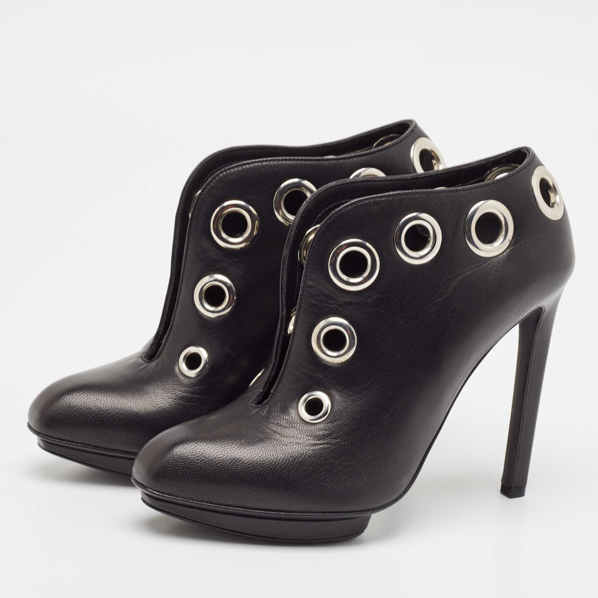 Alexander McQueen Black Leather Eyelet Embellished Ankle Booties Size 36