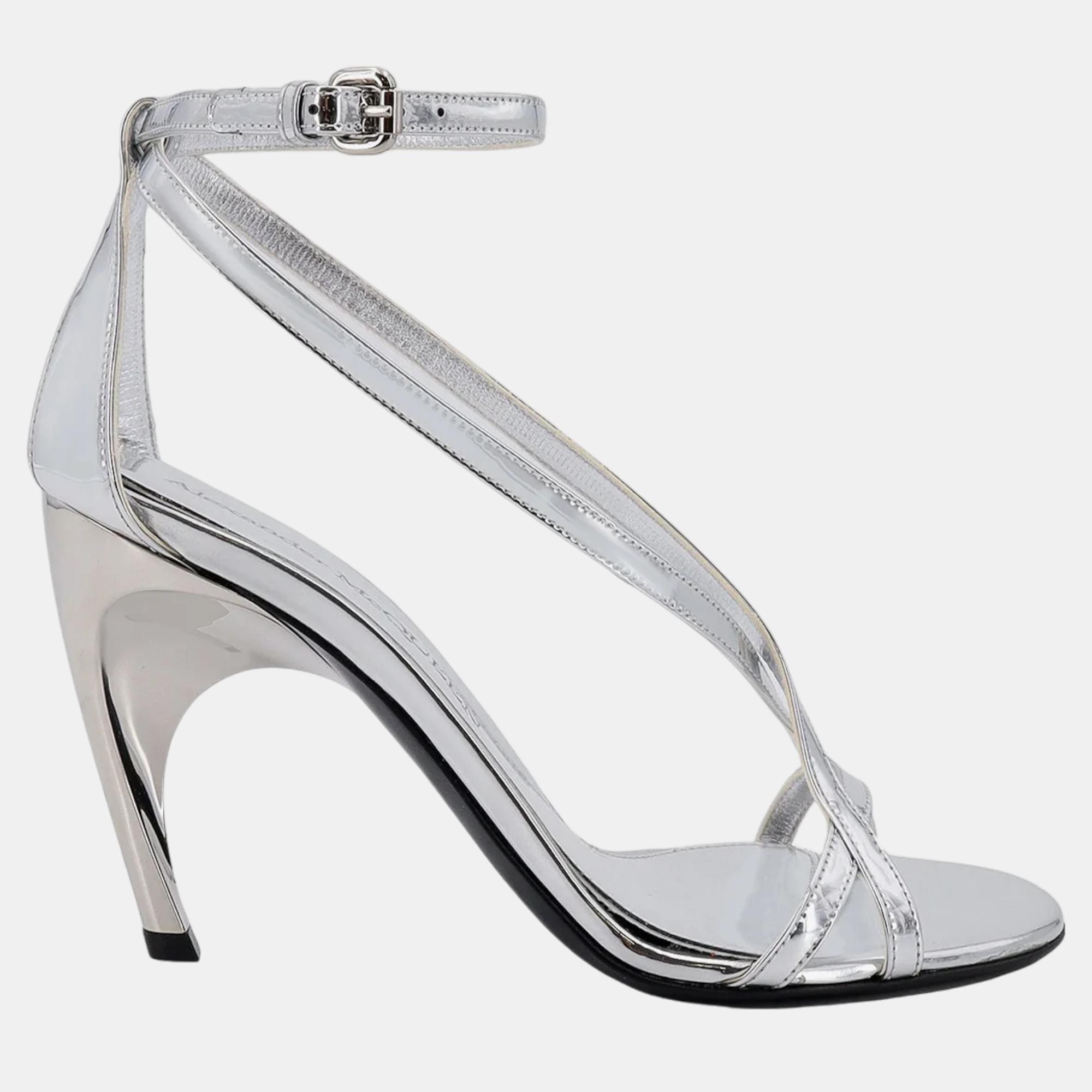 Alexander McQueen Metallic Silver Leather Sandals Heel Sandals EU 41