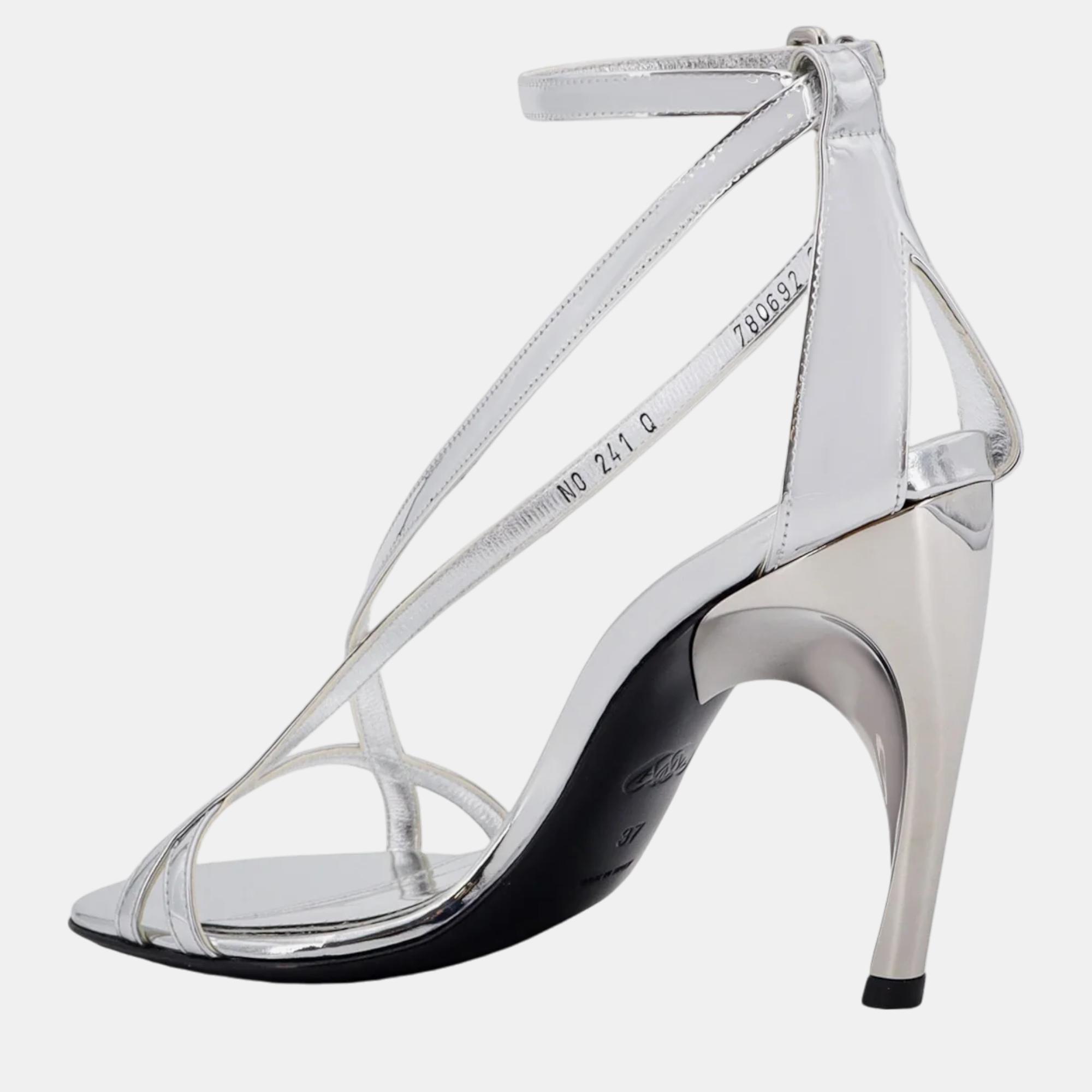 Alexander McQueen Metallic Silver Leather Sandals Heel Sandals EU 41