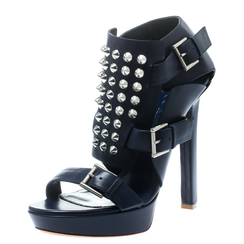 Image of Alexander McQueen Blue Leather Stud Embellished Buckle Detail Platform Sandals Size