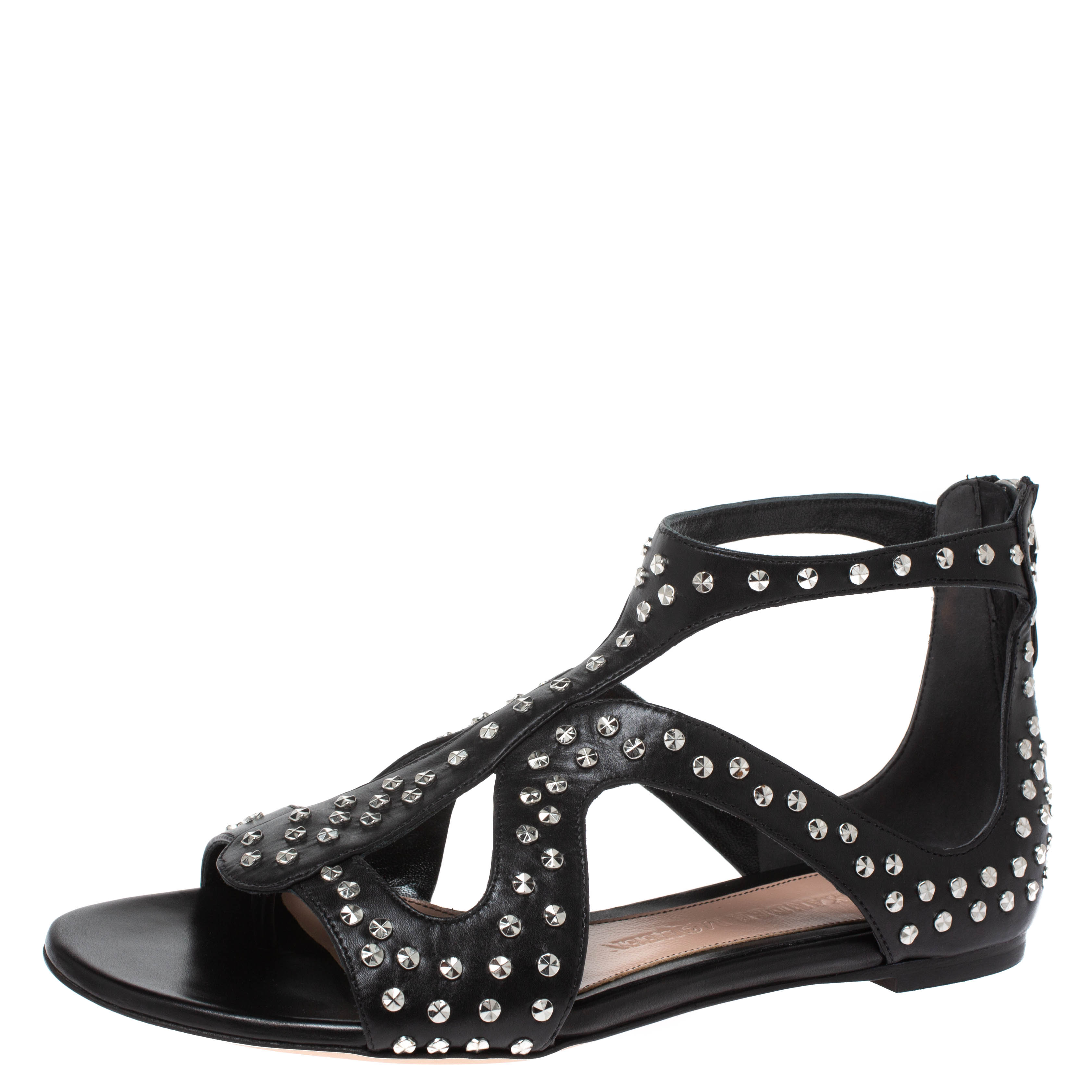 Image of Alexander McQueen Black Micro Studded Leather Cage Flat Sandals Size .