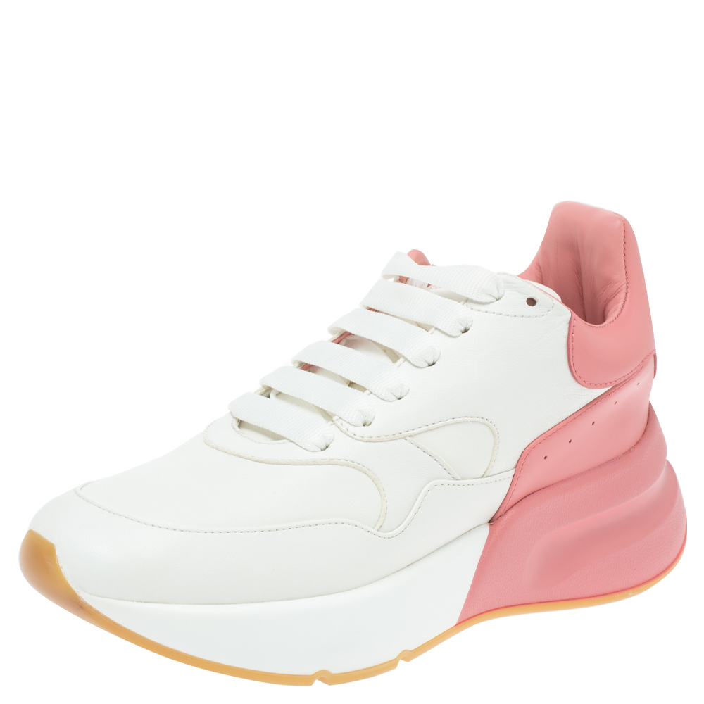 Image of Alexander McQueen White/Pink Leather Oversized Runner Low Top Sneakers Size .