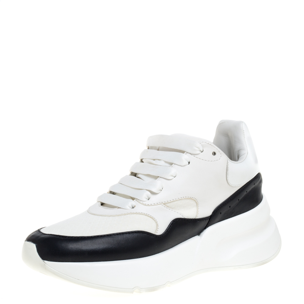 Image of Alexander McQueen White/Black Leather And Mesh Oversized Runner Low Top Sneakers Size .