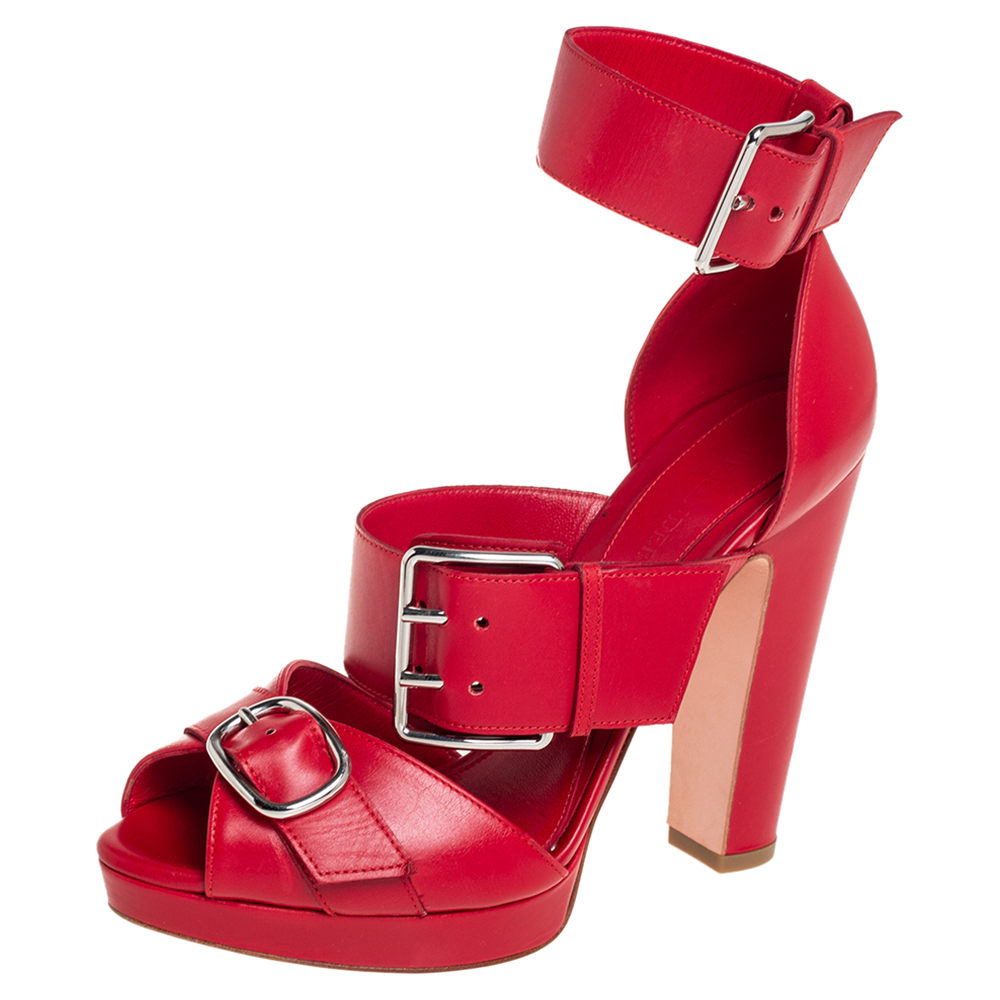 Alexander McQueen Red Leather Buckle Detail Ankle Cuff Sandals Size 38