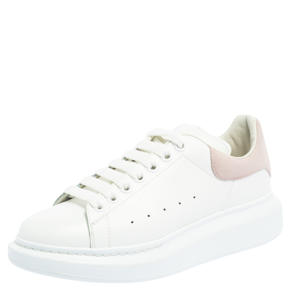 Alexander McQueen White/Pink Leather and Suede Larry Low Top Sneakers Size 39