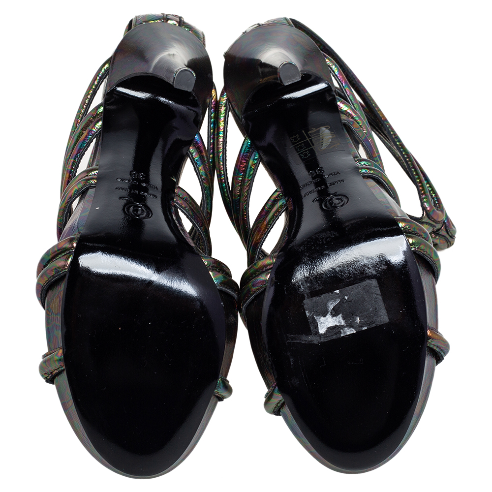 Alexander McQueen Multicolor Oil Slick Texture Leather Gladiator Sandals Size 38