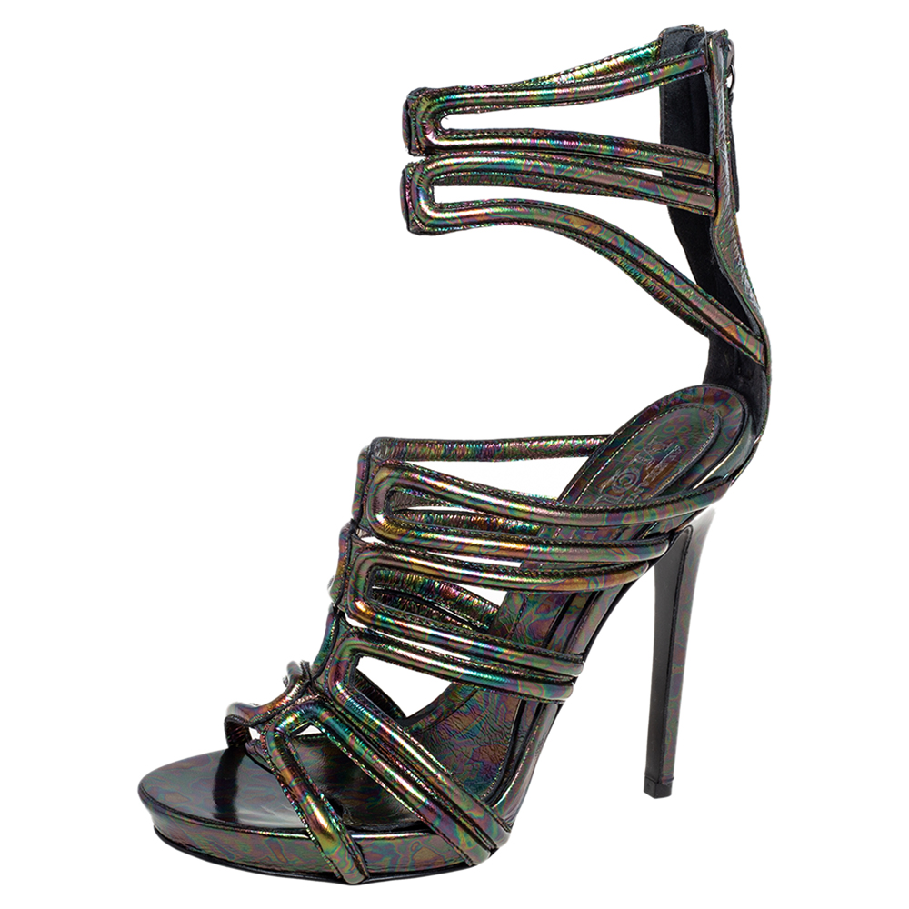 

Alexander McQueen Multicolor Oil Slick Texture Leather Gladiator Sandals Size