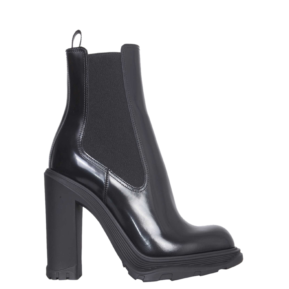 Alexander McQueen Black Calf Leather Tread Heeled Chelsea Boots Size IT 40