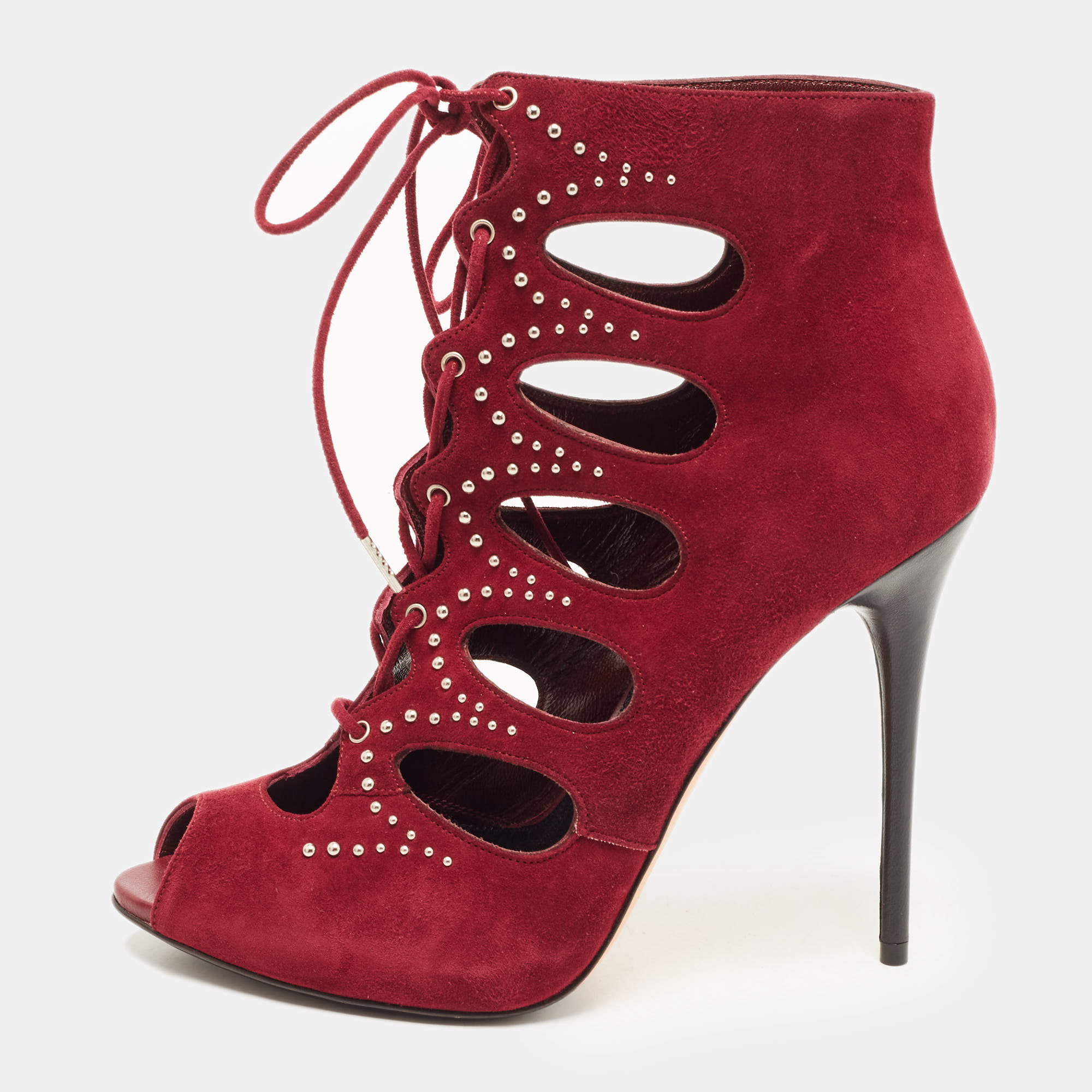 Alexander McQueen Burgundy Suede Cut Out Embellished Lace Up Ankle Booties Size 38