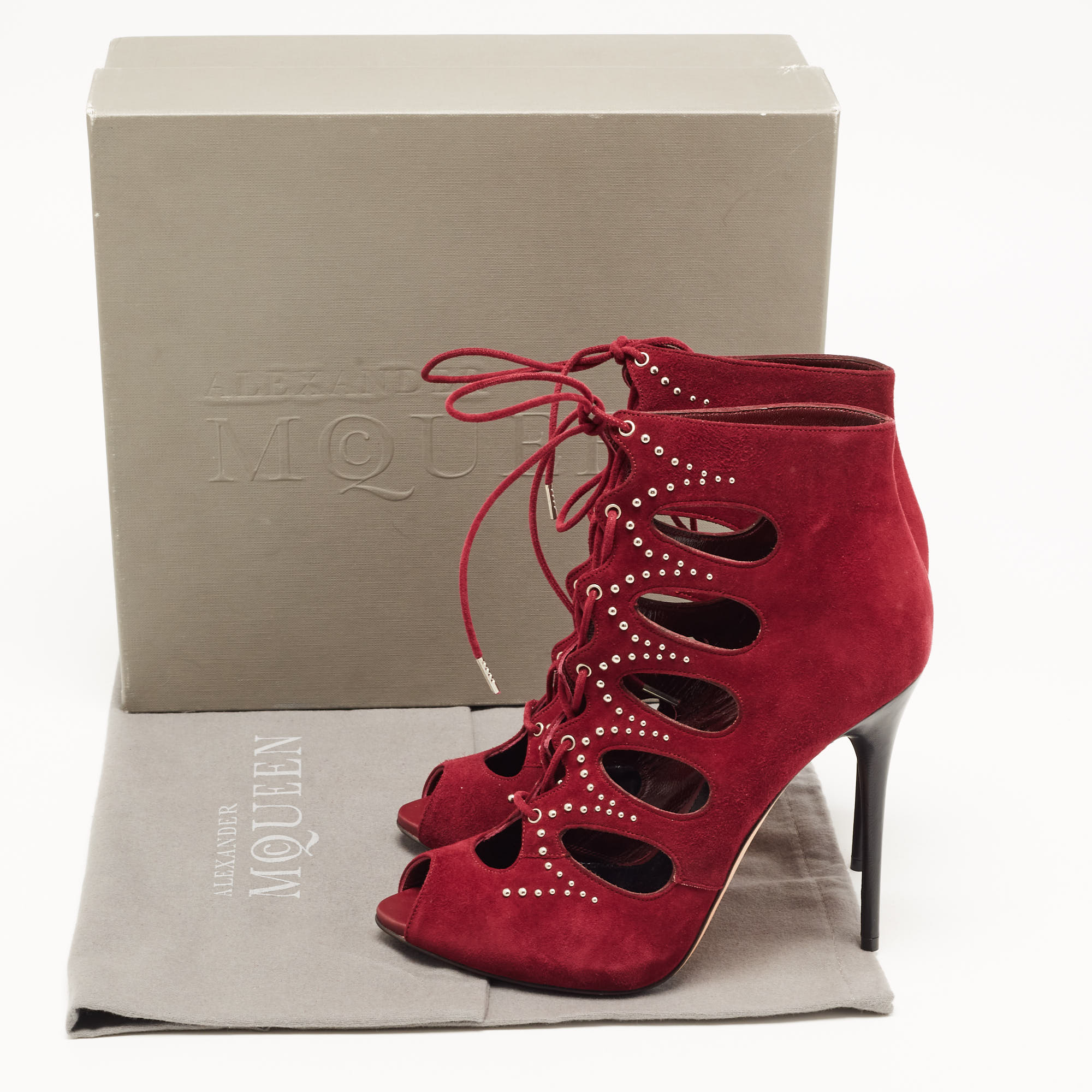 Alexander McQueen Burgundy Suede Cut Out Embellished Lace Up Ankle Booties Size 38