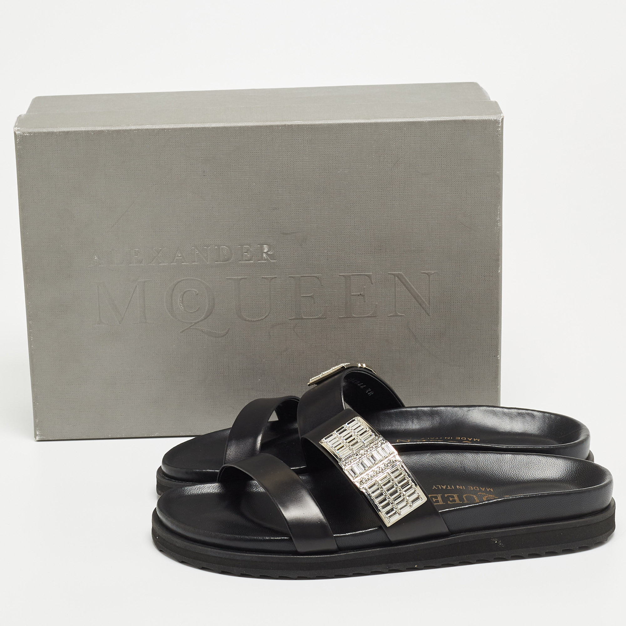 Alexander McQueen Black Leather Crystals Embellished Slide Flats Size 38