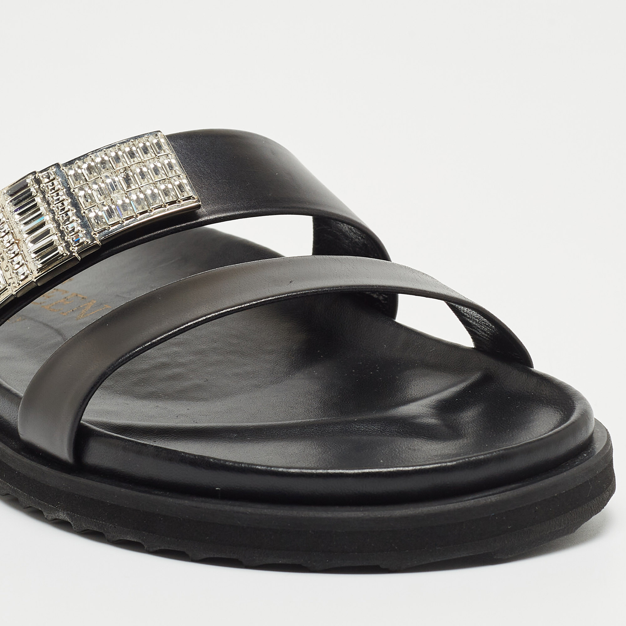 Alexander McQueen Black Leather Crystals Embellished Slide Flats Size 38