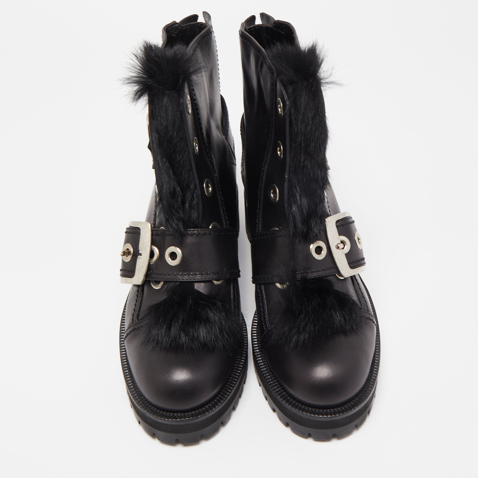 Alexander McQueen Black Leather And Fur Buckle Detail Ankle Boots Size 40