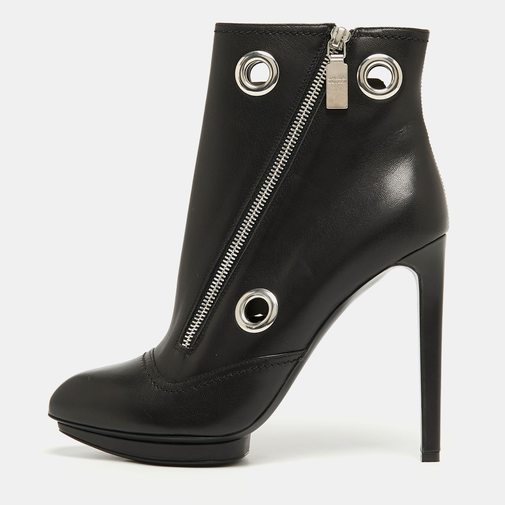 Alexander McQueen Black Leather Ankle Boots Size 40
