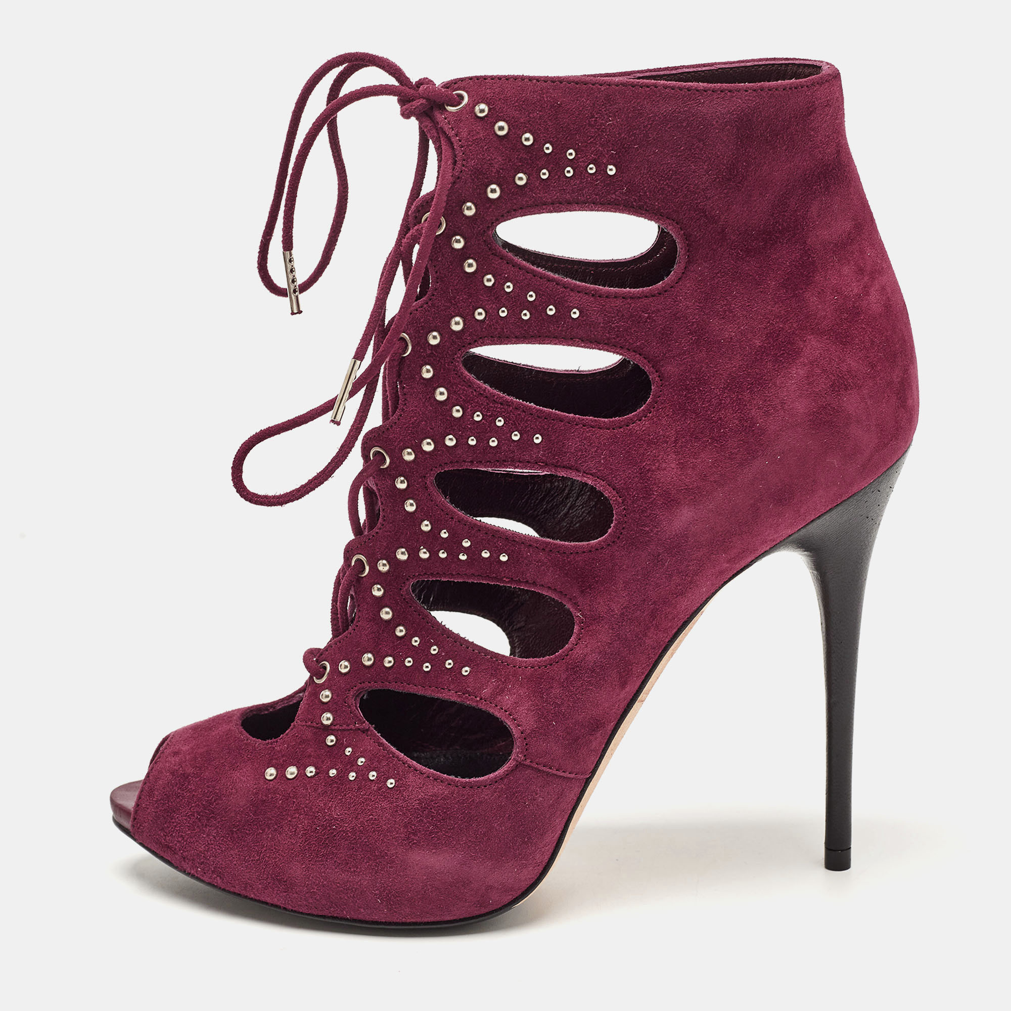Alexander McQueen Burgundy Suede Cut Out Embellished Lace Up Sandals Size 37.5