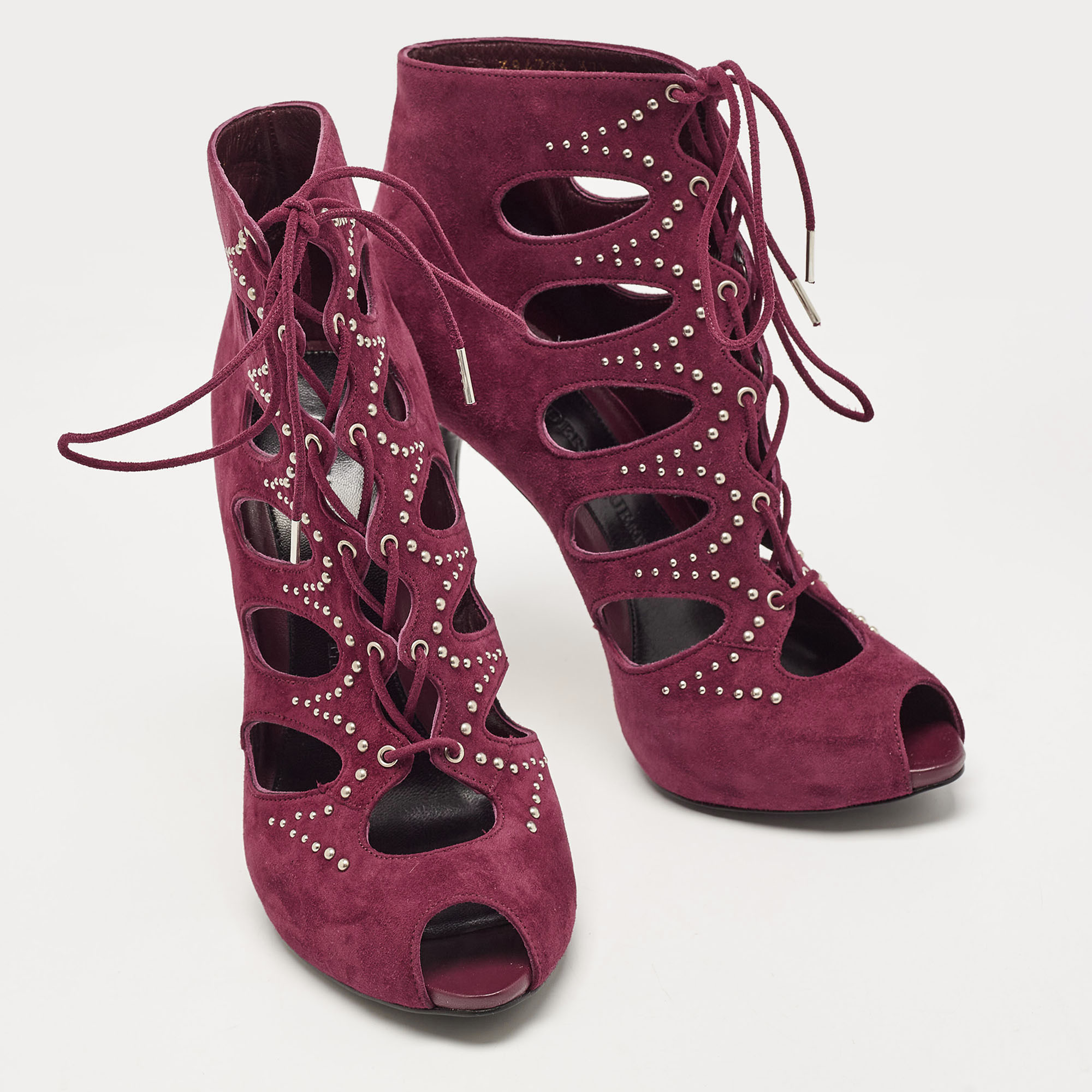 Alexander McQueen Burgundy Suede Cut Out Embellished Lace Up Sandals Size 37.5